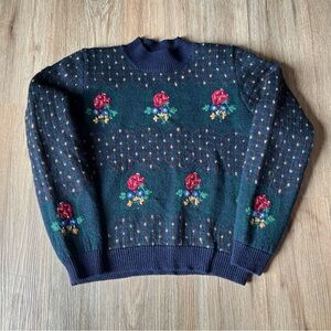 Susan Bristol Wool Sweater Womens S Floral Pullover Granny Hand Embroidered